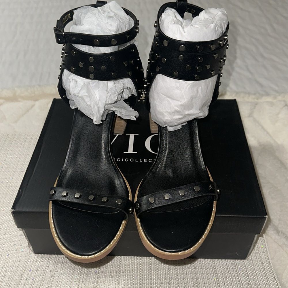 VICI 10 Celeste Black Metallic Studded Block Heel Strappy Multi Buckle Sandal - Picture 5 of 13